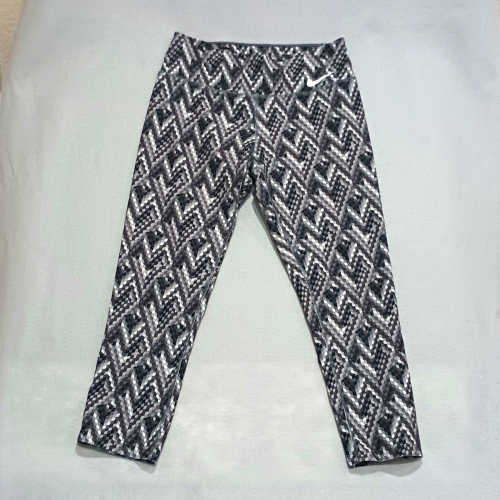 Nike Dri-FIT Women Capri Leggings Gray Black White Geometric Legend Pant S